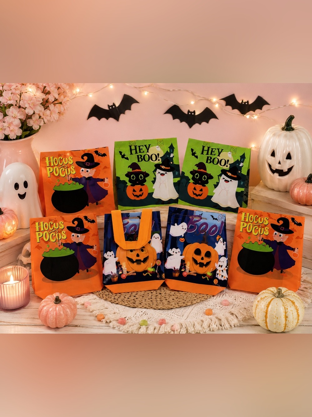 Halloween Trick or Treat Bags Set of 7 Reusable Candy Tote Bags 8x8